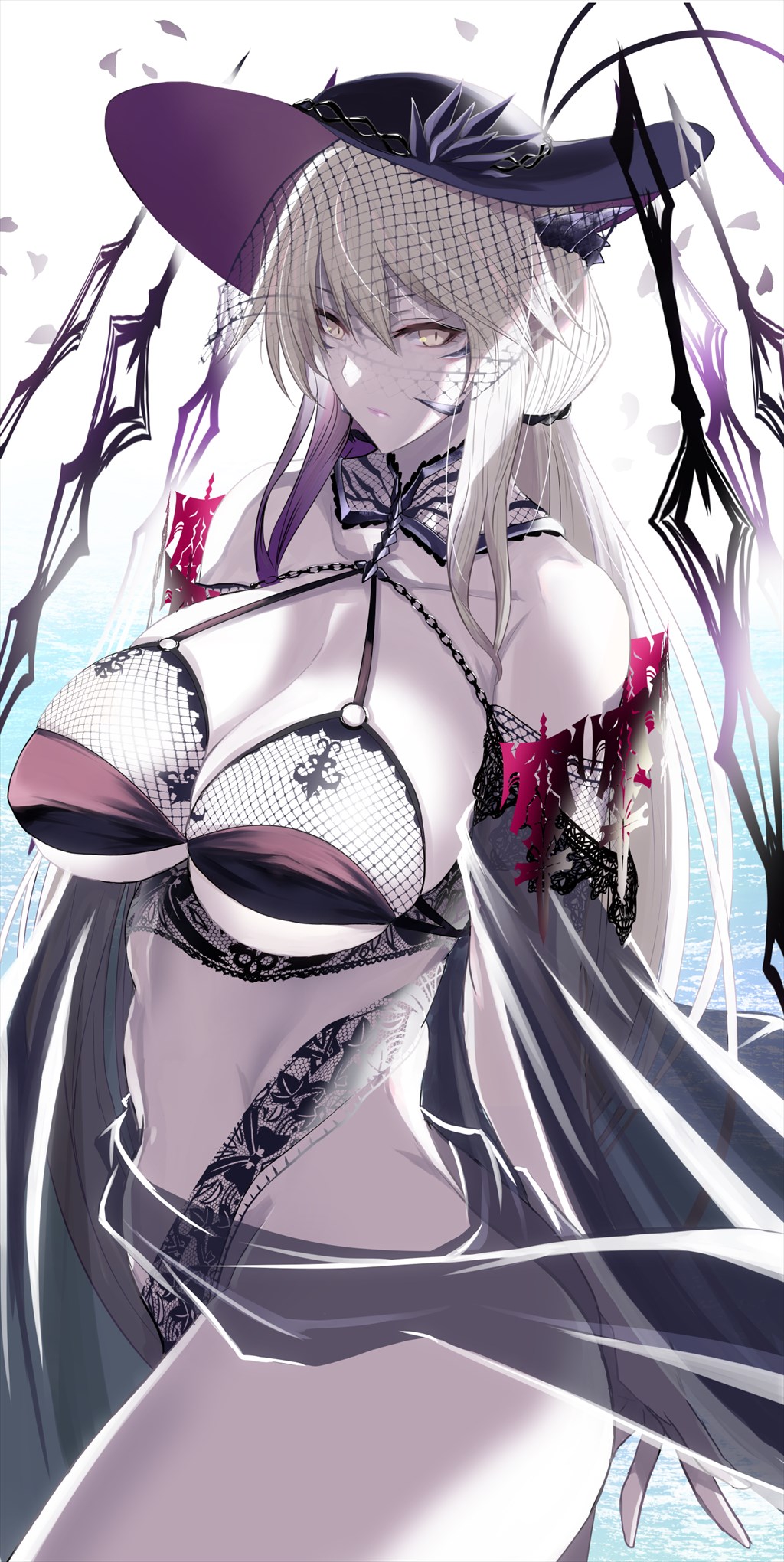 1girl artoria_pendragon_(fate) artoria_pendragon_(lancer_alter)_(fate) bare_shoulders bikini black_bikini black_hat breasts chain cleavage collarbone fate/grand_order fate_(series) fishnets hair_between_eyes hat highres horns kawabata_yoshihiro large_breasts long_hair looking_at_viewer pale_skin sarong sash sidelocks slit_pupils solo sun_hat swimsuit variant_set yellow_eyes