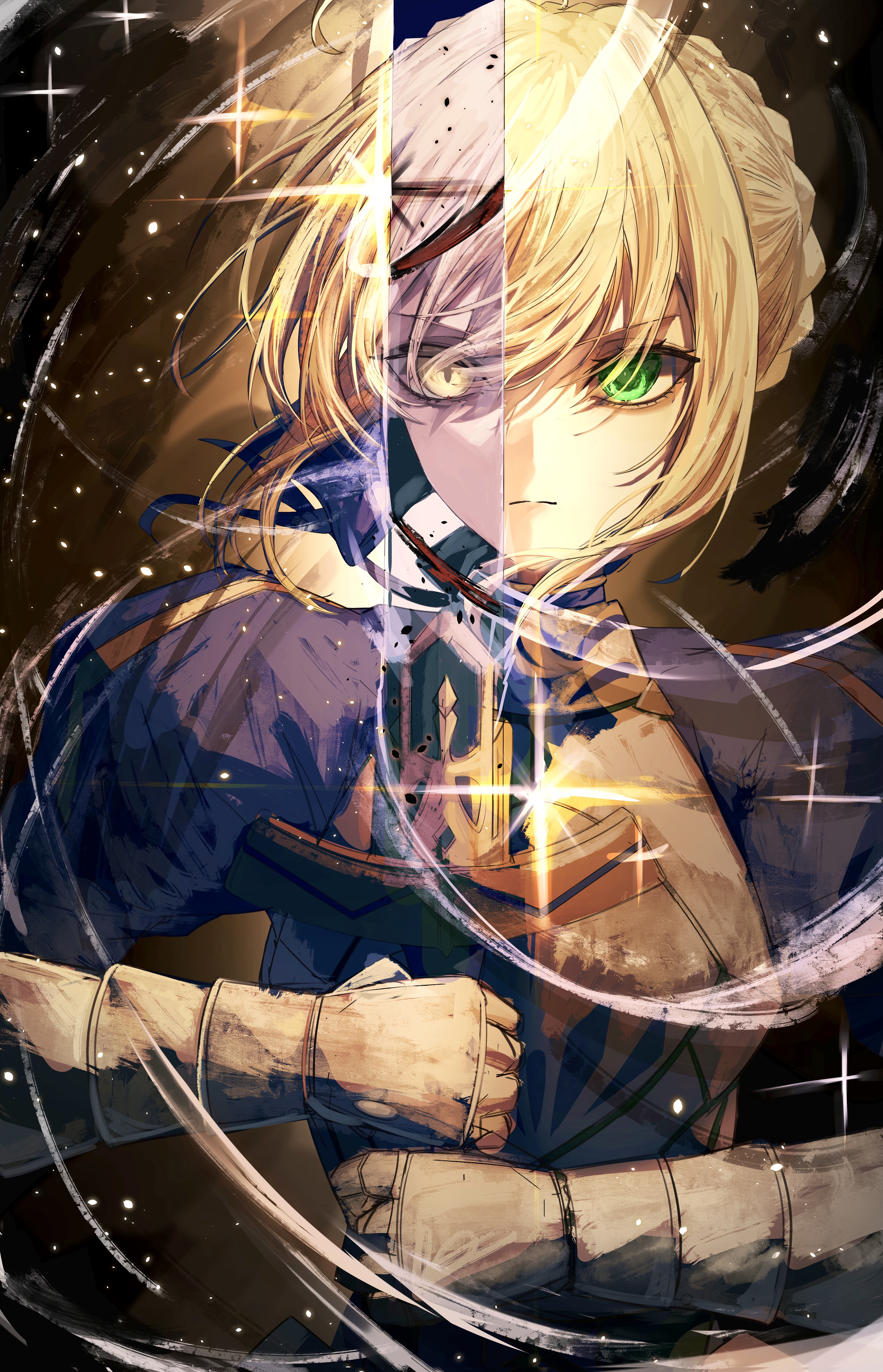 1girl absurdres armor armored_dress artoria_pendragon_(fate) blonde_hair braid braided_bun closed_mouth commentary_request dress excalibur_(fate/stay_night) fate/grand_order fate/stay_night fate_(series) gauntlets green_eyes hair_bun hair_ribbon highres holding holding_sword holding_weapon looking_at_viewer ribbon saber_(fate) saber_alter solo sword weapon yagi_(yagi5art) yellow_eyes