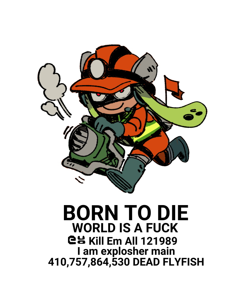 1girl aqua_boots aqua_gloves blonde_hair boots born_to_die_world_is_a_fuck_(meme) caffstrink closed_mouth constricted_pupils english_text engrish_text explosher_(splatoon) eyes_in_shadow female_focus flag full_body gloves hand_up happy headlamp helmet high-visibility_clothing high-visibility_vest holding holding_weapon inkling inkling_girl inkling_player_character jumpsuit long_hair meme nintendo orange_eyes orange_headwear orange_jumpsuit profanity ranguage running salmon_run_(splatoon) simple_background sketch smile smoke solo splatoon_(series) splatoon_3 tentacle_hair tentacles twintails vest weapon white_background yellow_vest