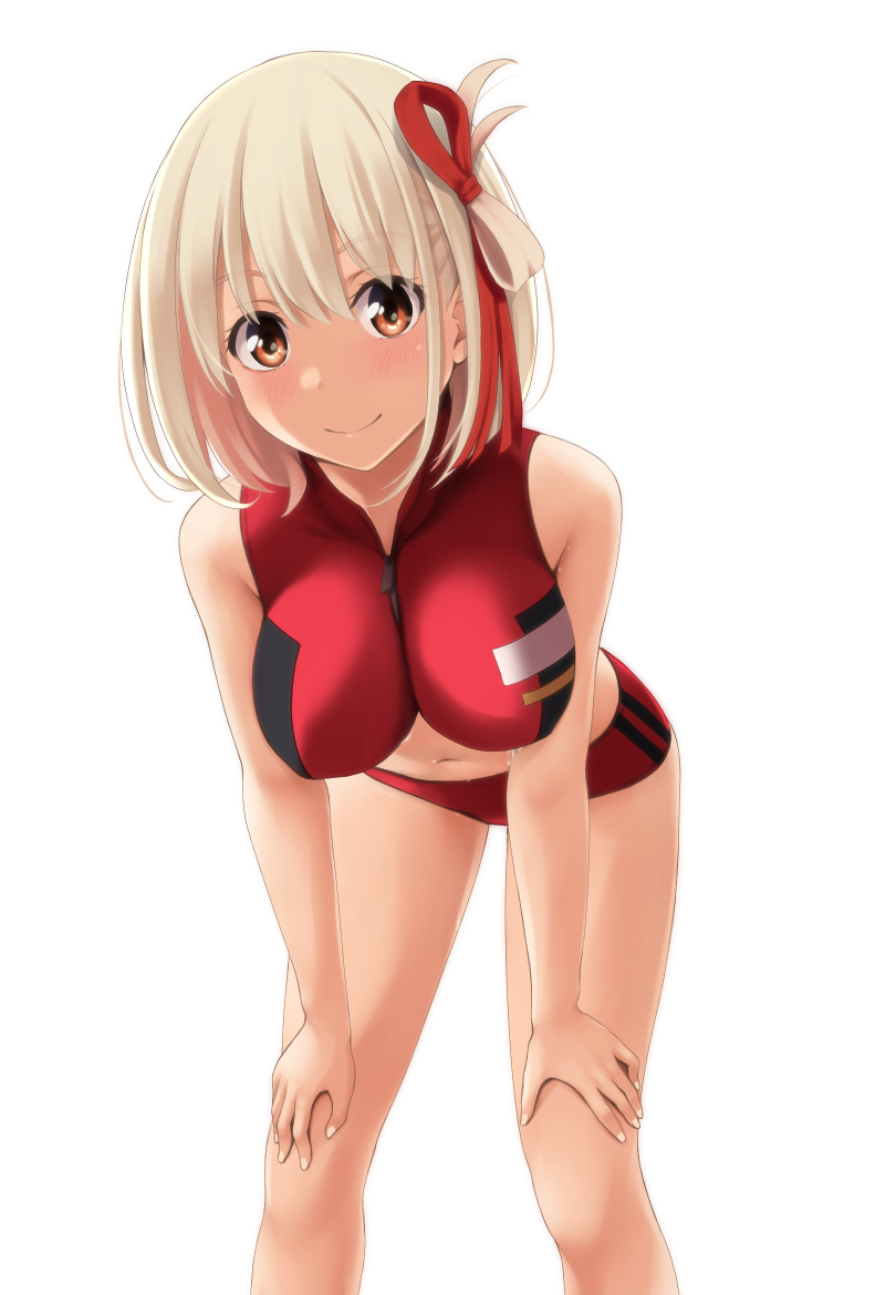 1girl bent_over blonde_hair breasts buruma closed_mouth commentary_request hair_ribbon hands_on_own_thighs knees large_breasts legs lycoris_recoil midriff nishikigi_chisato nonaka_ritsu red_buruma red_eyes red_ribbon red_sports_bra ribbon short_hair simple_background smile solo sports_bra standing white_background