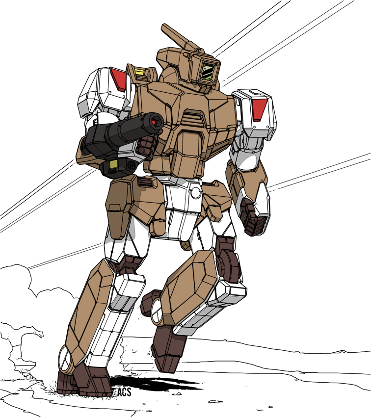 arm_cannon battle battletech battroid choujikuu_yousai_macross clenched_hand commentary crossover darkton-artemis dust_cloud energy_beam english_commentary explosion firing gunpod macross mecha no_humans original redesign robot robotech science_fiction signature sketch u.n._spacy v vf-1 vf-1a weapon