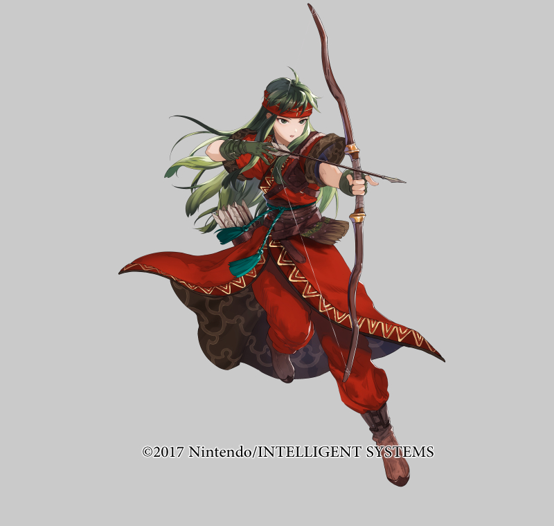 1girl armor arrow_(projectile) belt boots bow_(weapon) brown_boots copyright_notice fingerless_gloves fire_emblem fire_emblem:_the_binding_blade fire_emblem_heroes full_body gloves green_eyes green_hair grey_background headband holding holding_weapon leg_up long_hair mayo_(becky2006) nintendo official_art open_mouth pants quiver short_sleeves shoulder_armor solo sue_(fire_emblem) teeth torn_clothes weapon