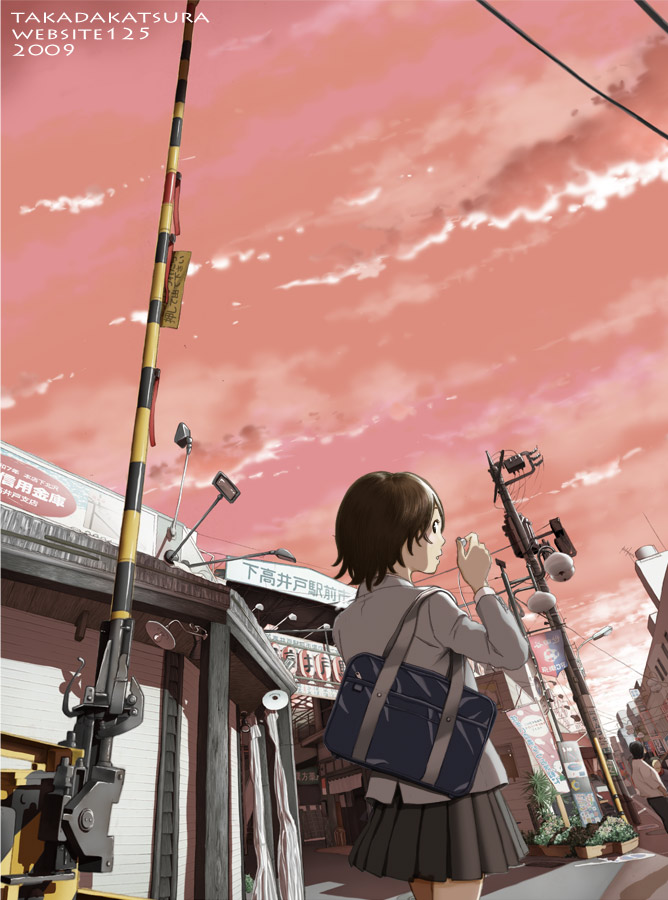 brown_hair railroad_crossing real_world_location short_hair sky solo takada_katsura tokyo_(city) train_station
