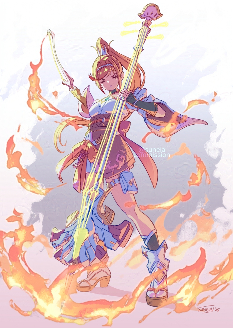 1girl artist_name closed_eyes commentary commission english_commentary fire frown glimmer_(xenoblade) high_ponytail long_hair ponytail red_hair solo standing suneiaaa v-shaped_eyebrows watermark xenoblade_chronicles_(series) xenoblade_chronicles_3 xenoblade_chronicles_3:_future_redeemed