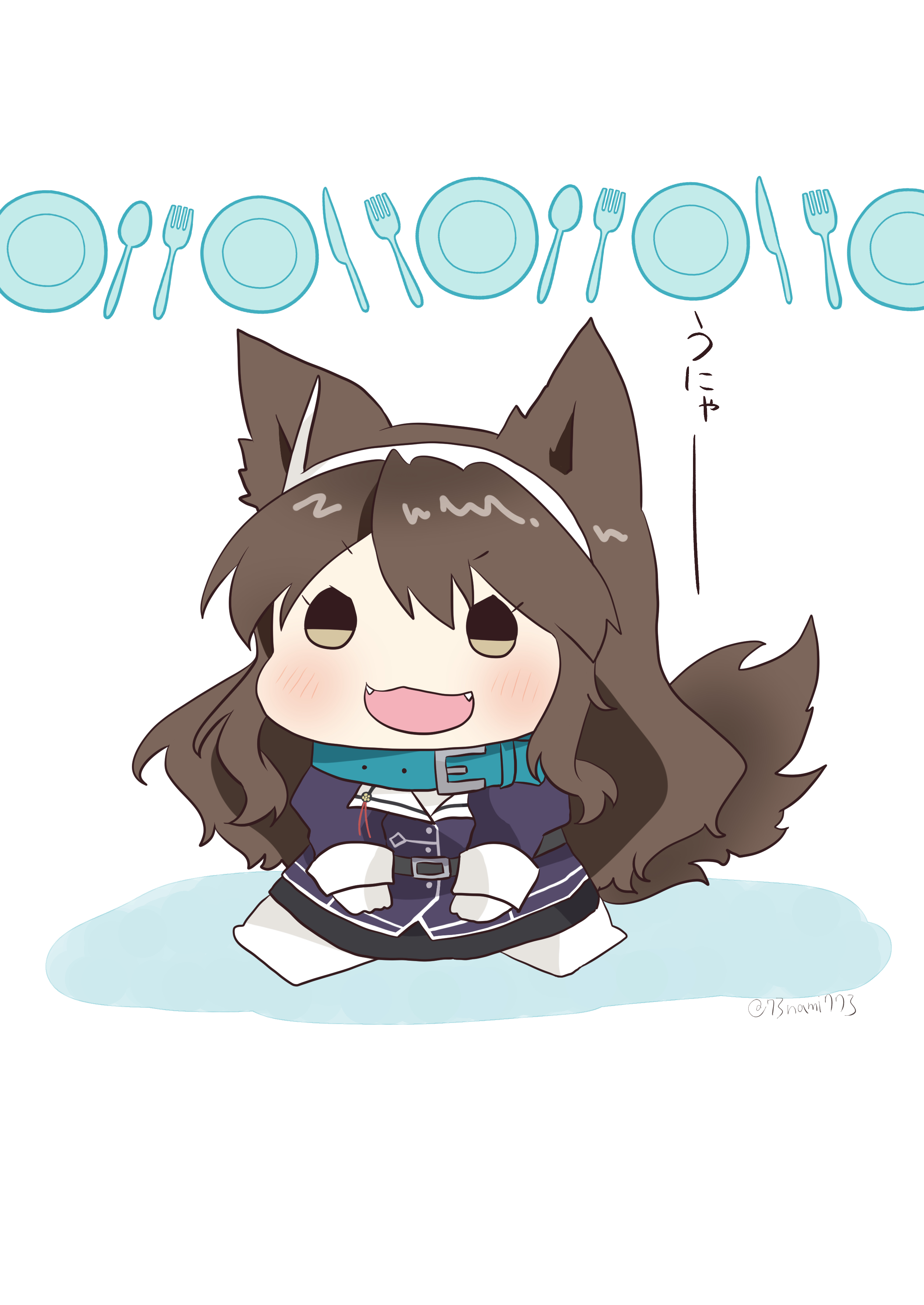 1girl absurdres animal_ears ashigara_(kancolle) ashigara_kai_ni_(kancolle) brown_hair chibi gloves hairband highres kantai_collection long_hair military military_uniform nami_nami_(belphegor-5812) pantyhose solo tail wavy_hair white_gloves white_hairband white_pantyhose wolf_ears wolf_girl wolf_tail