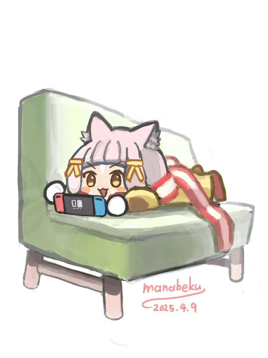 1girl :d animal_ear_fluff animal_ears blush_stickers bodysuit brown_bodysuit brown_eyes chibi couch dated gloves grey_hair hair_ribbon highres lying manabeku nia_(xenoblade) nintendo_switch on_couch on_stomach open_mouth red_shoes ribbon scarf shoes signature simple_background smile solo striped_clothes striped_scarf v-shaped_eyebrows white_background white_gloves xenoblade_chronicles_(series) xenoblade_chronicles_2 yellow_ribbon