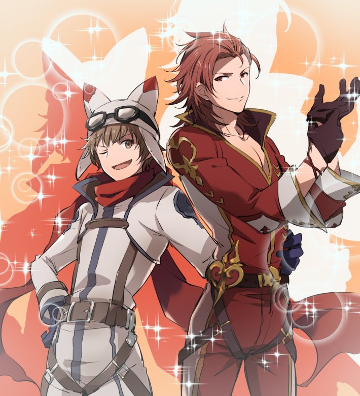 10s 2boys arm_around_waist brown_gloves brown_hair cm10th cowboy_shot drop_shadow gloves goggles goggles_on_headwear gran_(granblue_fantasy) granblue_fantasy hand_on_own_hip hat male_focus multiple_boys one_eye_closed orange_background percival_(granblue_fantasy) pilot_suit red_hair short_hair simple_background sparkle