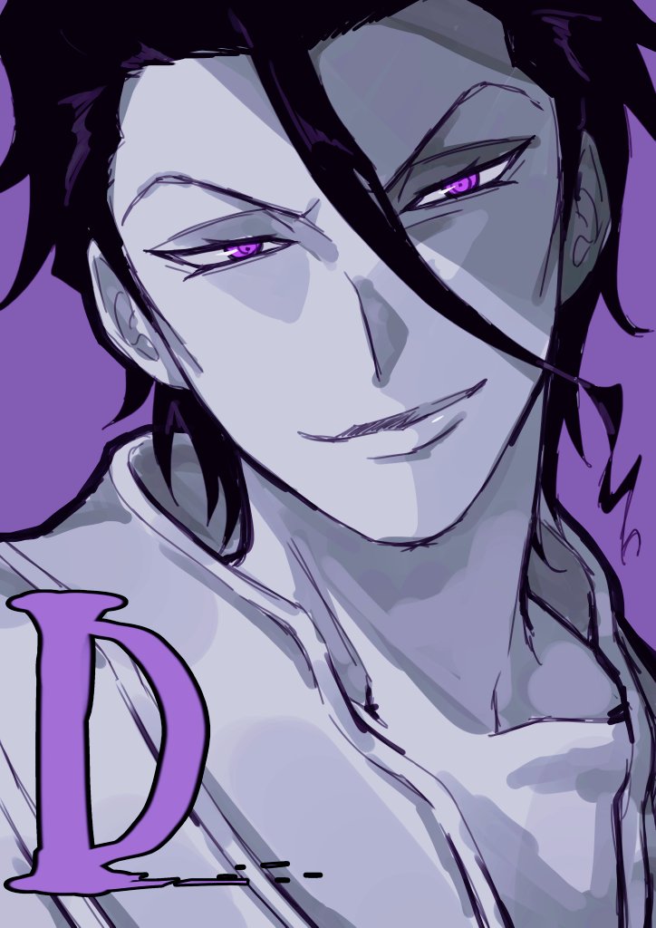 &gt;:) 1boy askin_nakk_le_vaar black_hair bleach bleach:_sennen_kessen-hen close-up commentary evil_smile hair_between_eyes limited_palette lips looking_at_viewer male_focus purple_background purple_eyes short_hair simple_background sketch smile solo tsurime v-shaped_eyebrows w_wota