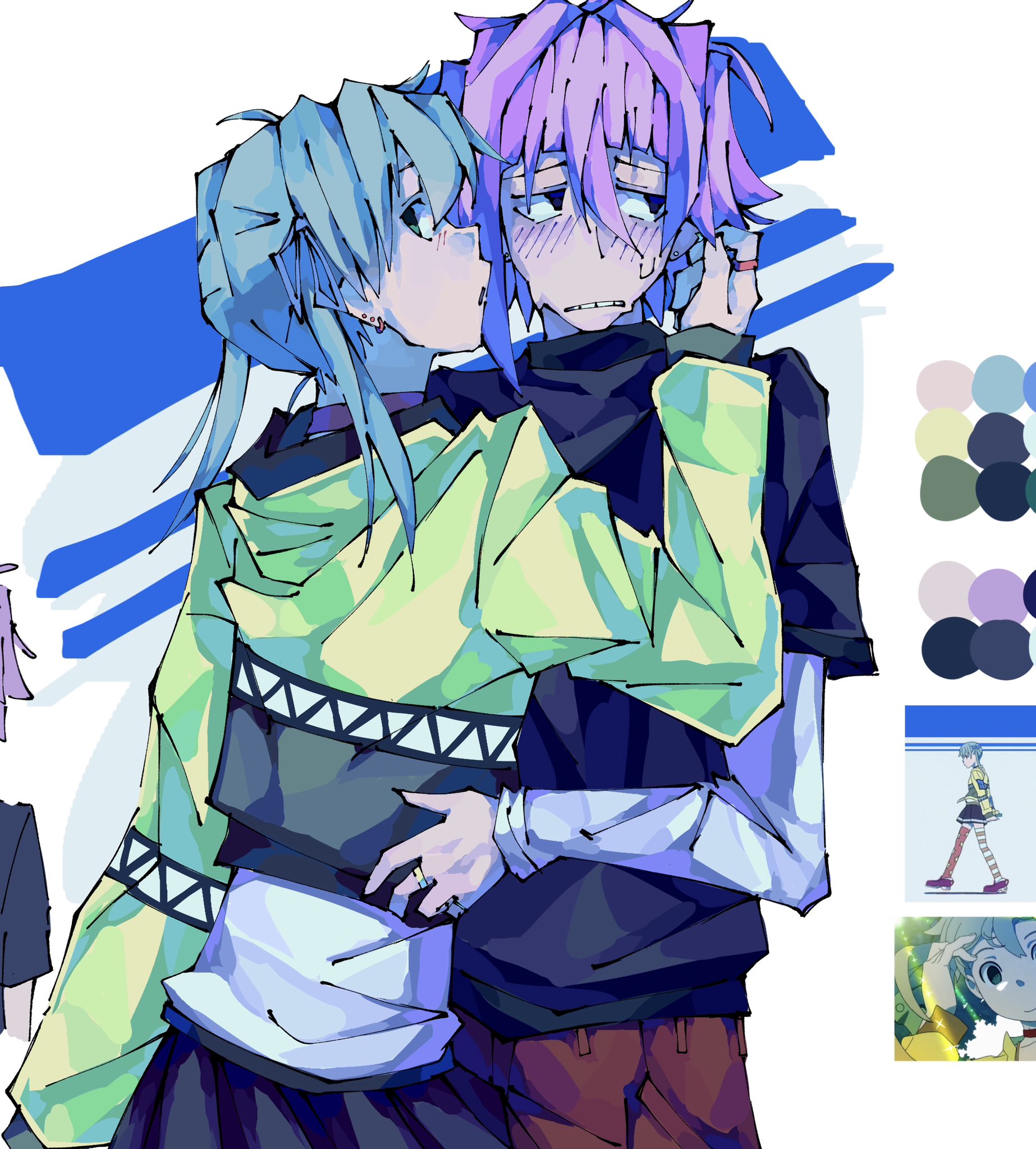1girl 1other alternate_costume alternate_hair_color anime_screenshot_inset averting_eyes blue_background color_guide commentary cowboy_shot crona_(soul_eater) ear_piercing earrings english_commentary green_hair hand_in_another's_hair hand_on_another's_back highres inset jewelry kaligraphy maka_albarn official_alternate_costume other_with_female piercing pink_hair ring short_hair short_twintails soul_eater sweatdrop twintails