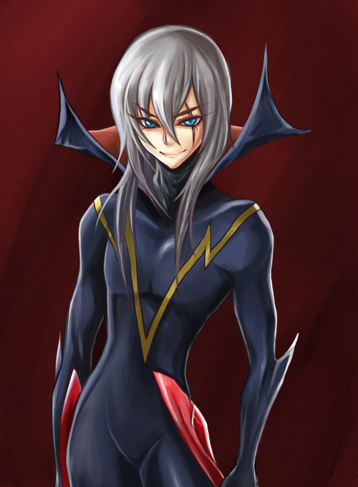 00s 1boy bad_id bad_pixiv_id blue_eyes bodysuit casshern_(series) casshern_sins dio grey_hair long_hair looking_at_viewer male_focus mokking scar scar_across_eye scar_on_face skin_tight solo