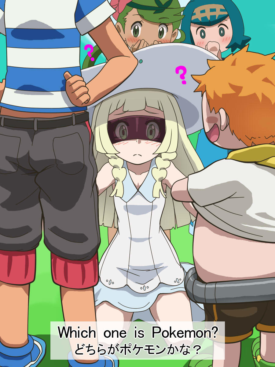 2boys 3girls ? ash_ketchum awa blindfold blonde_hair blue_eyes blue_hair blunt_bangs blush blush_stickers braid clothes_lift clueless covering_own_mouth creatures_(company) dress english_text engrish_text flower game_freak green_eyes green_hair hair_flower hair_ornament hairband hat highres implied_handjob lana_(pokemon) lillie_(pokemon) long_hair mallow_(pokemon) multiple_boys multiple_girls nintendo orange_hair penis_awe pokemon pokemon_(anime) pokemon_sm_(anime) ranguage shirt shirt_lift short_hair shorts sleeveless sleeveless_dress sophocles_(pokemon) striped_clothes striped_shirt sun_hat translated transparent_blindfold trial_captain twin_braids twintails white_dress white_hat