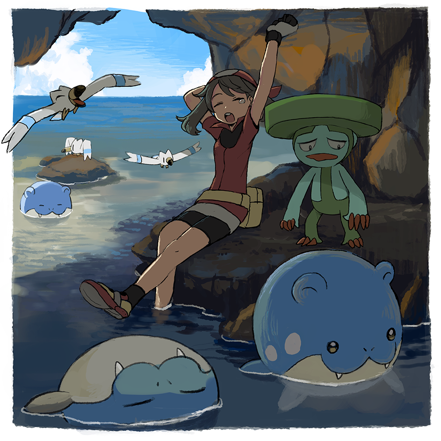 1girl :d arm_behind_head arm_up bandana bike_shorts black_legwear border brown_hair closed_eyes collared_shirt game_freak gen_3_pokemon gloves lombre may_(pokemon) nintendo open_mouth pokemon pokemon_(creature) pokemon_rse popcorn_91 red_bandana red_shirt shirt shoes short_sleeves sitting skirt smile socks spheal tearing_up teeth tongue upper_teeth_only water white_border white_skirt wingull |d