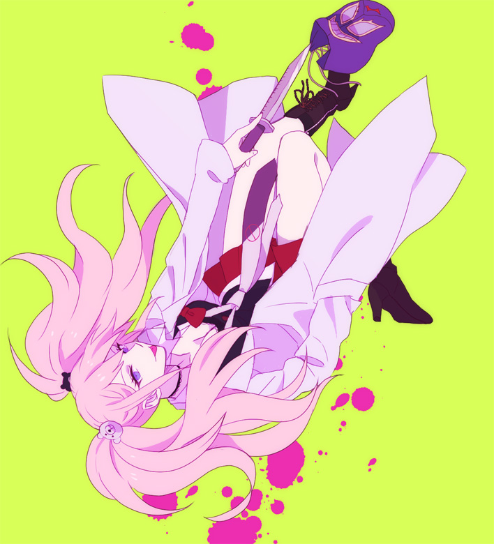 10s 1girl bad_id bad_pixiv_id blonde_hair blood blue_eyes boots breasts cleavage danganronpa:_trigger_happy_havoc danganronpa_(series) enoshima_junko female_focus hair_ornament knife long_hair okuragon pink_blood solo spoilers tongue twintails