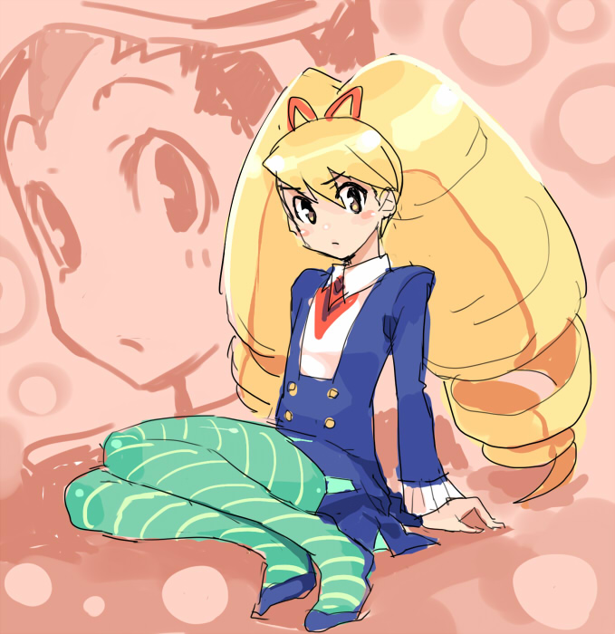 1boy 1girl arm_support blonde_hair blue_pantyhose blush buttons capcom full_body hair_ornament hair_ribbon haruno_shuu hoshikawa_subaru long_hair looking_to_the_side luna_platz_(mega_man) mega_man_(series) mega_man_star_force_(series) pantyhose ribbon sitting striped_clothes striped_pantyhose twintails