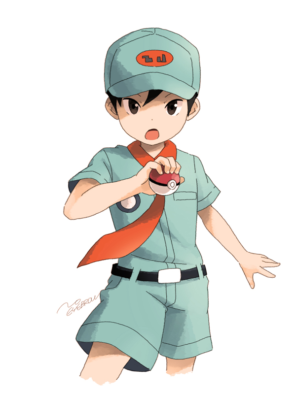 10s 1boy artist_name black_eyes black_hair camper_(pokemon) child cowboy_shot hat looking_at_viewer male_focus nintendo noeyebrow_(mauve) npc_trainer open_mouth poke_ball poke_ball_(basic) pokemon pokemon_oras short_hair simple_background solo white_background