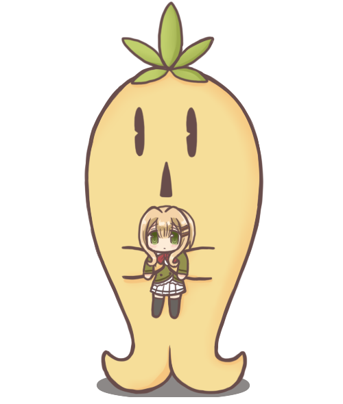 1girl bad_id bad_twitter_id blonde_hair blunt_bangs carrying carrying_person closed_mouth full_body green_eyes green_jacket hair_between_eyes hair_ornament hairclip harukata_konohana_school_uniform jacket long_hair long_sleeves looking_at_viewer magia_record:_mahou_shoujo_madoka_magica_gaiden mahou_shoujo_madoka_magica mandragora mini_person minigirl pleated_skirt reverse_(bluefencer) role_reversal satori_kagome school_uniform sidelocks simple_background skirt solid_oval_eyes solo thighhighs white_background white_skirt