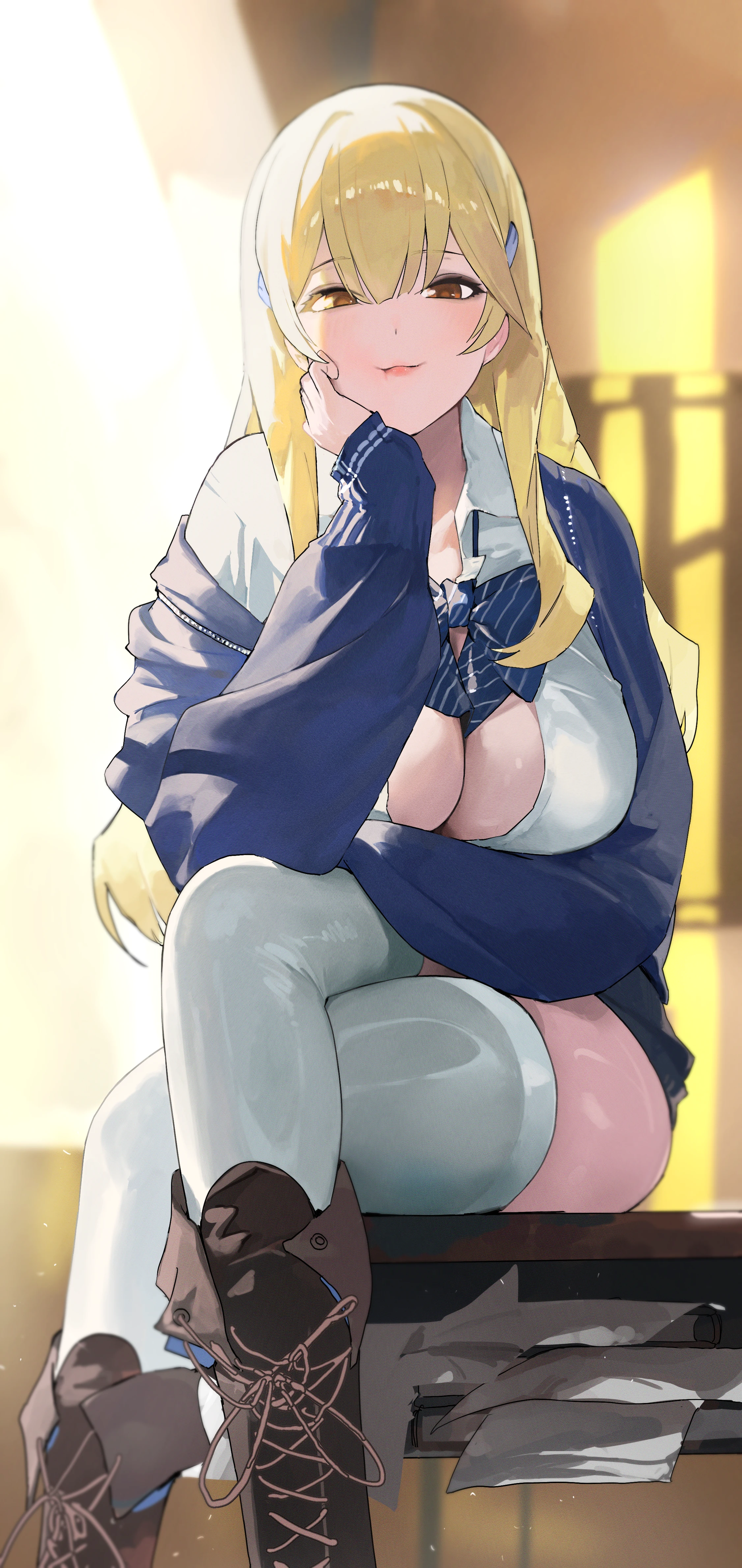 024th 1girl absurdres blonde_hair blue_bow blue_bowtie blue_jacket boots bow bowtie breasts brown_eyes crossed_legs goddess_of_victory:_nikke hand_on_own_cheek hand_on_own_face highres jacket knee_boots lace-up_boots large_breasts long_hair long_sleeves looking_at_viewer parted_lips shirt sitting smile solo thighhighs tia_(nikke) white_shirt white_thighhighs