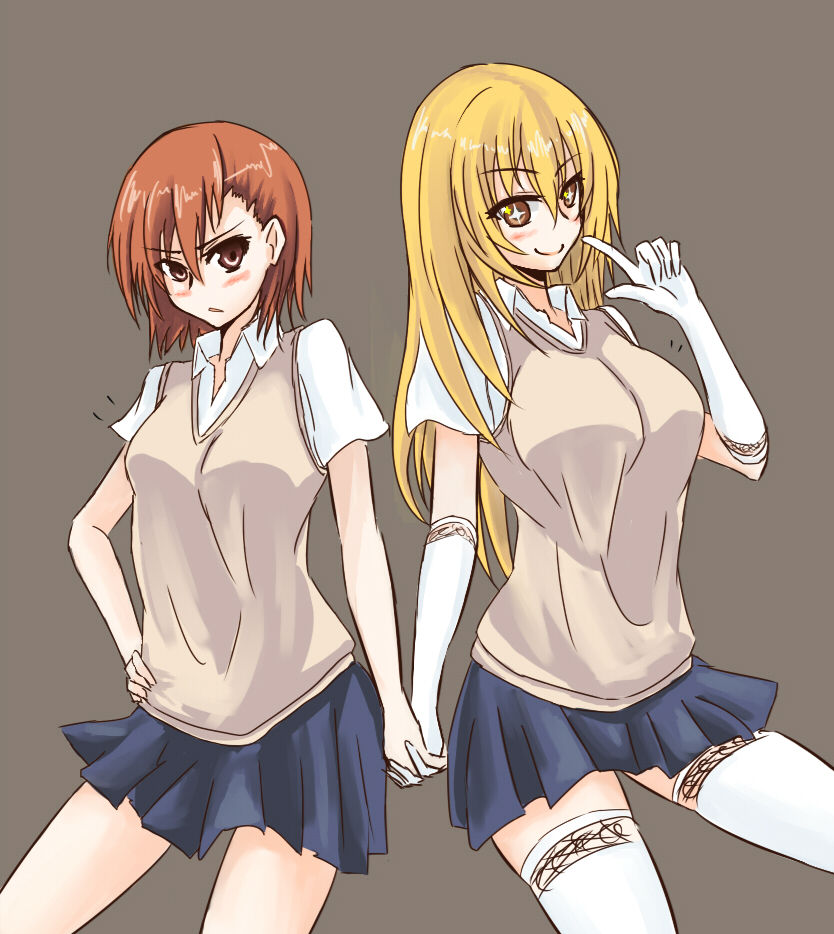 2girls asymmetrical_hair bare_arms blush breasts brown_background brown_eyes brown_sweater brown_sweater_vest brown_vest closed_mouth collared_shirt commentary cowboy_shot dyhkco elbow_gloves gloves grey_skirt hair_between_eyes hand_up height_difference holding_hands large_breasts long_bangs looking_at_viewer medium_breasts miniskirt misaka_mikoto multiple_girls no_emblem pleated_skirt shirt shokuhou_misaki short_sleeves simple_background skirt sleeveless sleeveless_sweater smile sparkling_eyes spider_web_print sweater sweater_vest thighhighs toaru_kagaku_no_railgun toaru_majutsu_no_index vest white_gloves white_shirt white_thighhighs zettai_ryouiki