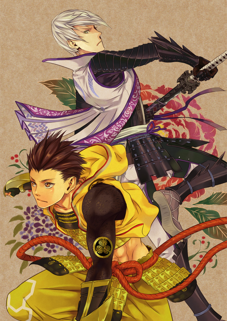 2boys abs armor brown_background brown_hair cropped_jacket holding holding_sword holding_weapon ishida_mitsunari_(sengoku_basara) jacket japanese_armor jinbaori katana looking_ahead looking_at_another looking_down male_focus midriff miho_(mi) multiple_boys pants sengoku_basara sheath short_hair sword tokugawa_ieyasu_(sengoku_basara) toned toned_male unsheathing weapon white_hair yellow_jacket yellow_pants