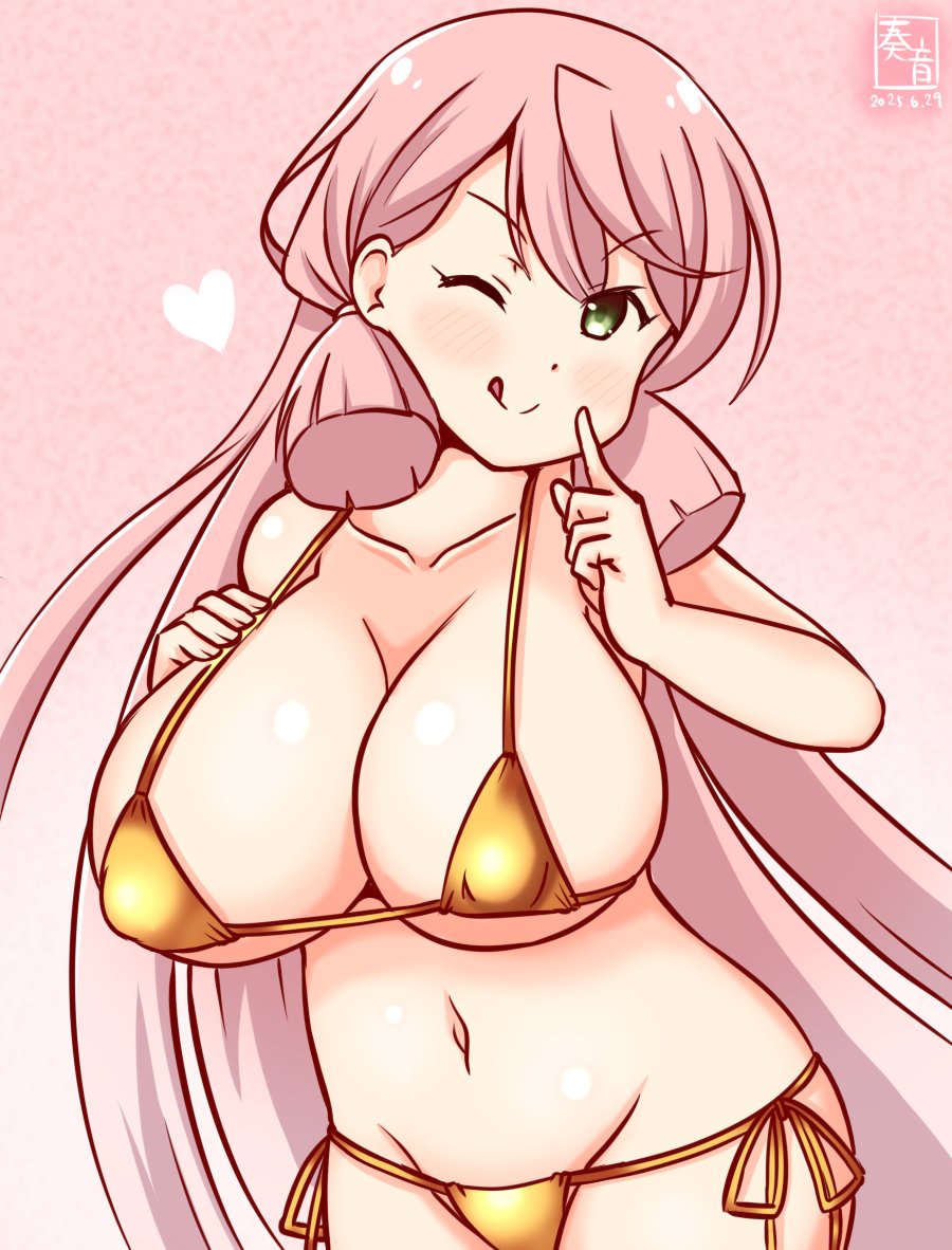 1girl akashi_(kancolle) alternate_costume artist_logo bikini blunt_tresses breasts covered_erect_nipples dated gold_bikini gradient_background green_eyes hair_ribbon index_finger_raised kanon_(kurogane_knights) kantai_collection large_breasts logo long_hair micro_bikini one-hour_drawing_challenge one_eye_closed pink_background pink_hair ribbon side-tie_bikini_bottom solo swimsuit tress_ribbon