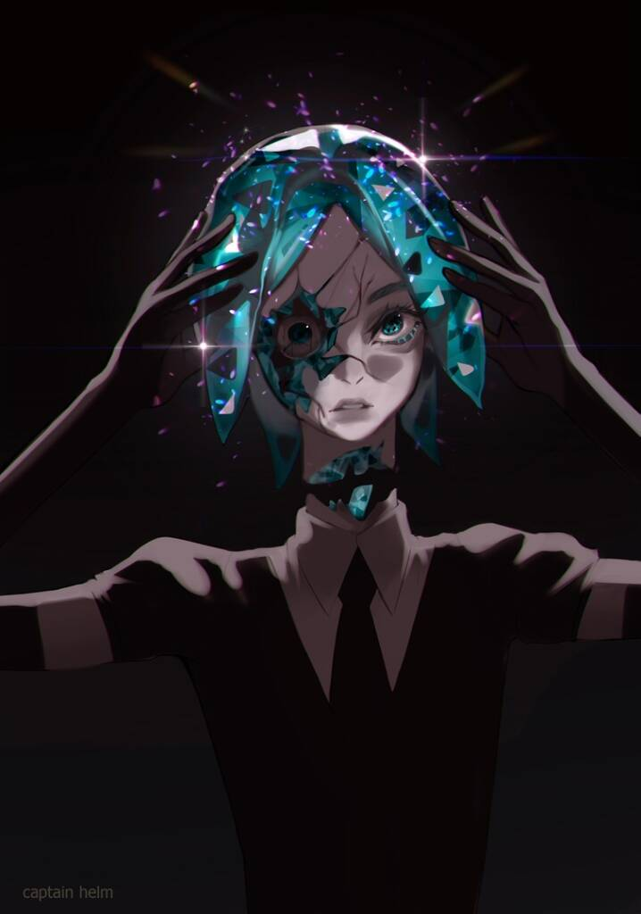 1other androgynous aqua_eyes aqua_hair artist_name bad_id bad_twitter_id black_gloves black_shirt breaking broken captain_helm collared_shirt colored_skin cracked_skin crystal_hair dark dark_background decapitation disembodied_head elbow_gloves eyeball gem_uniform_(houseki_no_kuni) glint gloves glowing glowing_hair hand_up houseki_no_kuni lips necktie other_focus parted_bangs parted_lips phosphophyllite phosphophyllite_(gemstone) puffy_short_sleeves puffy_sleeves severed_head shirt short_hair short_sleeves solo sparkle teeth upper_body upper_teeth_only white_shirt white_skin wing_collar