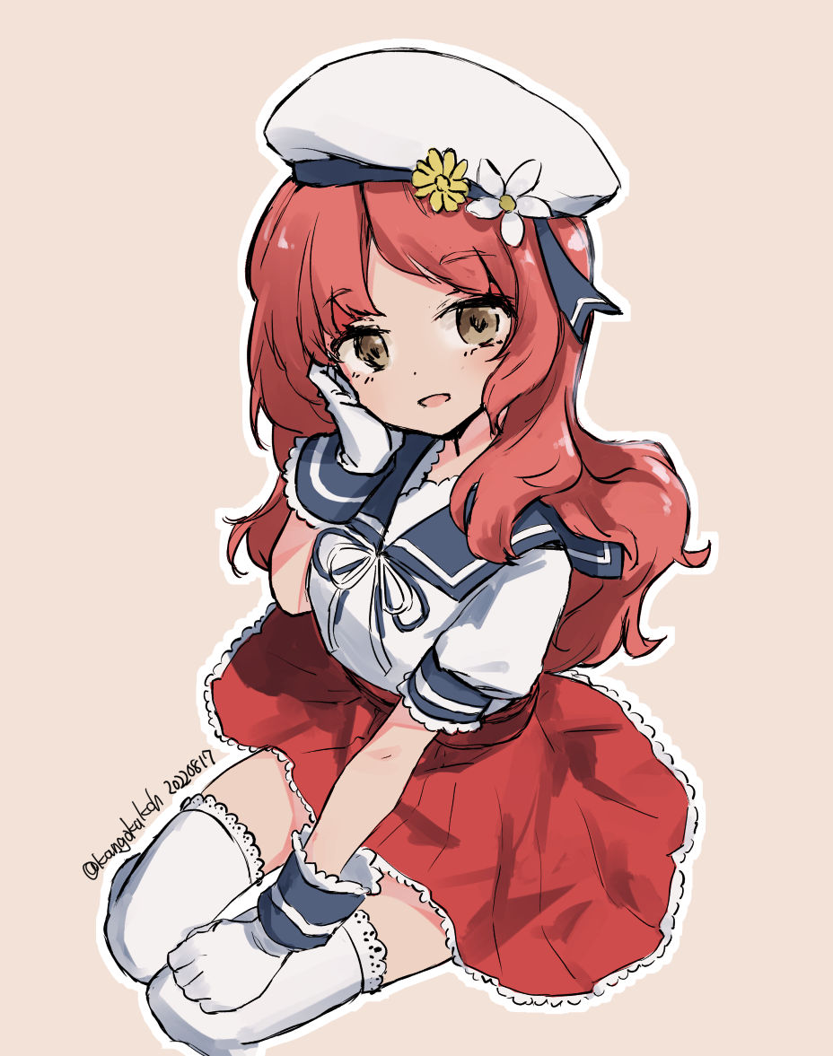 1girl blue_sailor_collar brown_eyes brown_hair frilled_thighhighs frills gloves hand_on_own_face hat hip_vent kangoku_kou kantai_collection long_hair one-hour_drawing_challenge pleated_skirt puffy_short_sleeves puffy_sleeves red_skirt sailor_collar sailor_hat sailor_shirt shirt short_sleeves skirt solo thighhighs wavy_hair white_gloves white_hat white_shirt white_thighhighs yashiro_(kancolle)