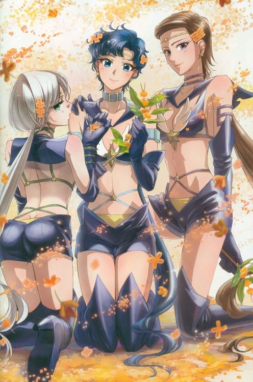 1990s_(style) 3girls ass bare_shoulders bishoujo_senshi_sailor_moon bishoujo_senshi_sailor_moon_sailor_stars blue_eyes blue_hair blush boots breasts brown_hair choker cleavage elbow_gloves flower gloves gradient_background green_eyes kneeling kou_seiya kou_taiki kou_yaten long_hair looking_at_viewer multiple_girls panty_slip ponytail purple_eyes retro_artstyle sailor_star_fighter sailor_star_healer sailor_star_maker silver_hair smile tagme thigh_boots thighhighs very_long_hair