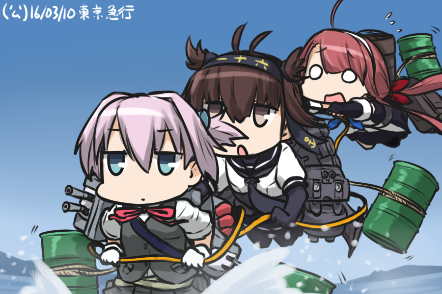 3girls ahoge black_gloves blue_eyes blue_sky bodysuit brown_eyes brown_hair cannon chou-10cm-hou-chan chou-10cm-hou-chan_(hatsuzuki&#039;s) commentary_request dated drum_(container) elbow_gloves fingerless_gloves flying_sweatdrops gloves hairband hamu_koutarou hatsuzuki_(kancolle) headband kantai_collection kawakaze_(kancolle) long_hair low_twintails machinery multiple_girls neck_ribbon o_o ocean open_mouth ponytail purple_hair red_hair red_ribbon ribbon rope rope_train school_uniform serafuku shiranui_(kancolle) short_hair sky standing standing_on_liquid twintails walking walking_on_liquid white_gloves