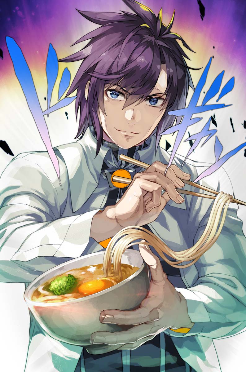 1boy blue_eyes bowl chopsticks commentary_request daijuuji_kurou demonbane egg food hair_between_eyes highres holding holding_bowl holding_chopsticks jacket looking_at_viewer male_focus nishii_(damnedrive) noodles open_clothes open_jacket purple_hair ramen smile smug solo spiked_hair udon upper_body white_jacket