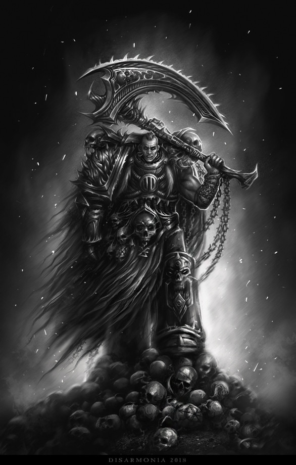 1boy 2018 adeptus_astartes armor armored_boots artist_name axe battle_axe boots breastplate butchers_nails cable chain chain_axe chaos_space_marine commentary embers english_commentary full_armor full_body gauntlets gorechild greaves hair_tubes holding holding_weapon huge_weapon kharn_the_betrayer looking_at_viewer pauldrons power_armor shoulder_armor simple_background single_pauldron skull solo tube veronica_anrathi warhammer_40k weapon