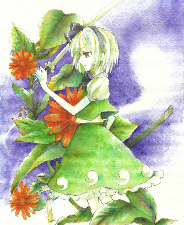 1girl black_hairband blue_background flower ghost green_skirt grey_hair h1watar1 hairband hitodama hitodama_print holding holding_sword holding_weapon katana konpaku_youmu konpaku_youmu_(ghost) leaf looking_to_the_side painting_(medium) red_flower sheath short_hair skirt skirt_set solo sword sword_tassel tassel touhou traditional_media watercolor_(medium) weapon