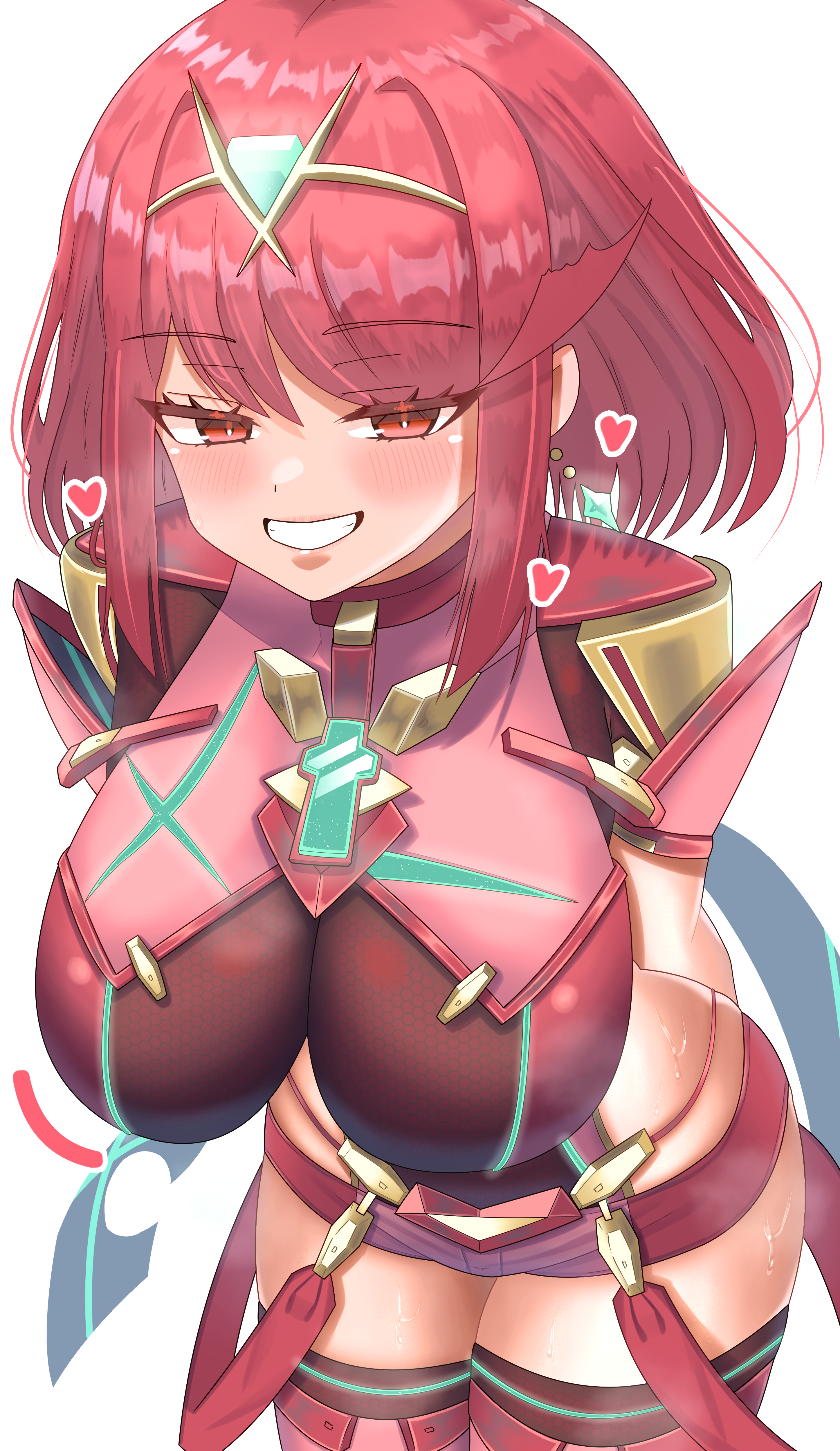1girl absurdres arms_behind_back bent_over blush breasts chest_jewel core_crystal_(xenoblade) cowboy_shot heart highres large_breasts looking_at_viewer meipasuye parted_lips pyra_(xenoblade) red_eyes red_hair red_shorts shorts simple_background solo tiara white_background xenoblade_chronicles_(series) xenoblade_chronicles_2