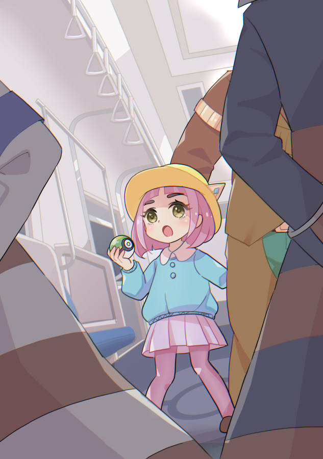 1girl 3boys child clay_(pokemon) commentary_request emmet_(pokemon) eyelashes father_and_daughter hat holding holding_poke_ball indoors ingo_(pokemon) knees_together_feet_apart lacey_(pokemon) mizuiro123 multiple_boys nintendo open_mouth pink_skirt pleated_skirt poke_ball pokemon pokemon_bw pokemon_sv skirt train_interior yellow_eyes yellow_headwear