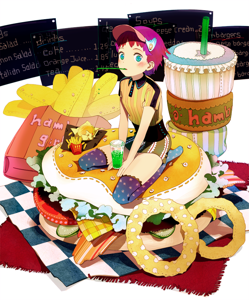 1girl ame_(conronca) bacon blue_eyes blush burger buttons checkered_floor drink english_text engrish_text female_focus floor food french_fries gradient_legwear mouth_hold multicolored_legwear onion_rings original patterned_legwear pickle pillow print_thighhighs purple_hair ranguage short_hair sitting skirt solo star_(symbol) star_print striped thighhighs tomato uniform visor visor_cap