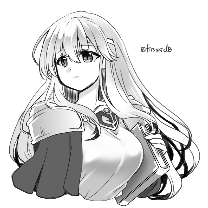 1girl book breasts circlet cropped_torso dress fire_emblem fire_emblem:_genealogy_of_the_holy_war holding holding_book julia_(fire_emblem) large_breasts long_hair looking_to_the_side monochrome nintendo simple_background solo upper_body yukia_(firstaid0)