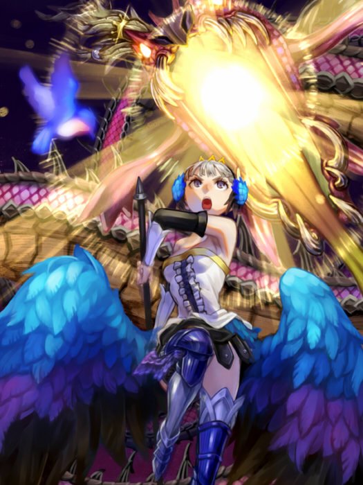 1girl armor armored_boots armored_dress blue_wings boots breasts crown dragon dress eastern_dragon grey_hair gwendolyn_(odin_sphere) holding holding_polearm holding_weapon kahadu_(kawazu) looking_up low_wings odin_sphere open_mouth polearm small_breasts solo strapless strapless_dress valkyrie weapon wings