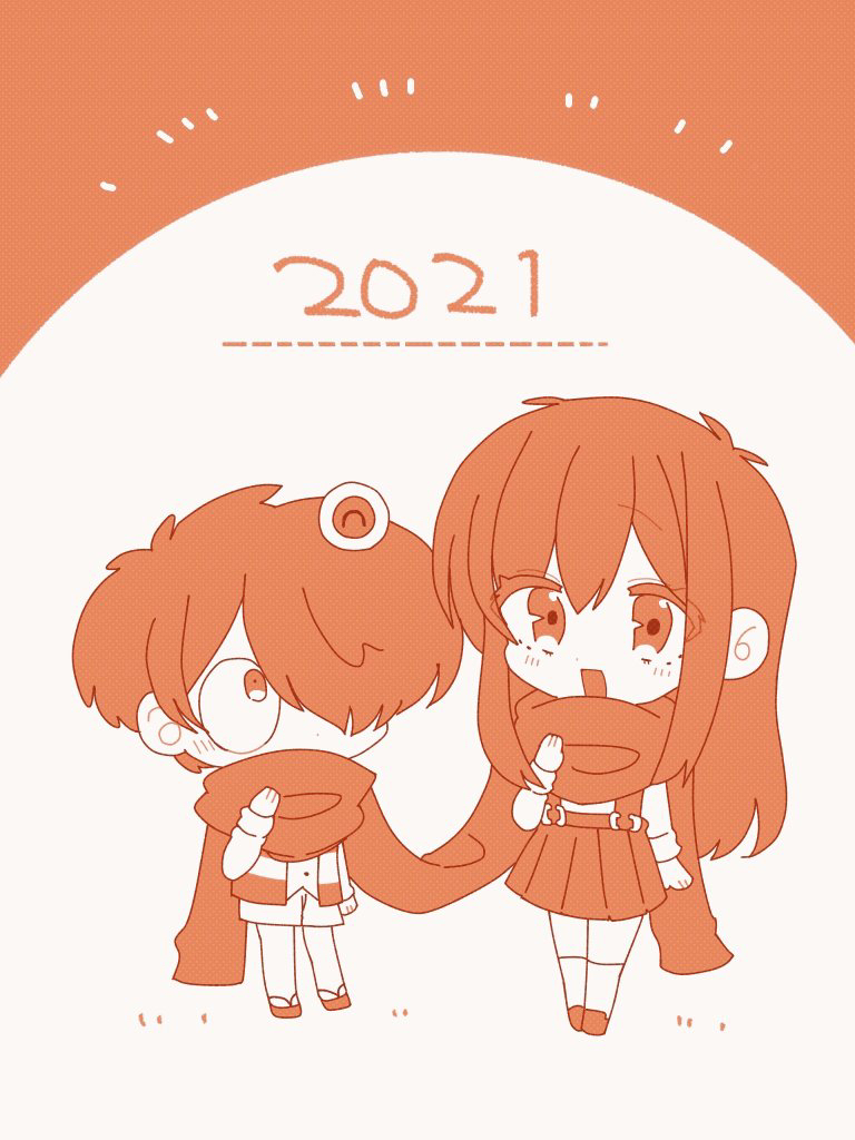 1boy 1girl 2021 apukoma arm_at_side chibi chibi_only dot_nose gegege_no_kitarou hair_over_one_eye hakaba_kitarou kitarou long_hair looking_at_viewer medama_oyaji monochrome neko_(hakaba_kitarou) open_mouth pleated_skirt scarf scarf_over_mouth shared_clothes shared_scarf short_hair skirt socks striped_clothes striped_vest vest