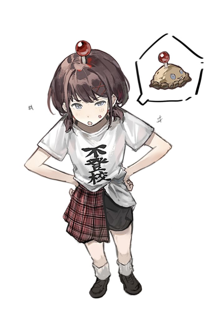 1girl anger_vein black_footwear black_shorts blue_eyes blush brown_hair commentary full_body girls_band_cry half-skirt hands_on_own_hips hashtag-only_commentary iseri_nina low_twintails open_mouth plaid_clothes plaid_skirt plants_vs._zombies potato_mine_(plants_vs._zombies) red_skirt shikai_no_sumi_kuchiru_oto shirt shirt_partially_tucked_in short_hair short_twintails shorts simple_background skirt socks solo twintails waeoo white_background white_shirt white_socks