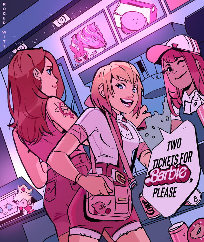 3girls atom_eve baby_peach bag barbie_(franchise) barbie_(live_action) baseball_cap belt blossom_(ppg) blue_eyes color_connection denim denim_shorts donut english_text food game_freak gen_1_pokemon gwenpool hair_color_connection handbag hat hello_kitty invincible_(series) jigglypuff kirby kirby_(series) looking_at_viewer multicolored_hair multiple_girls nintendo one_eye_closed open_mouth pink_hair pink_light pokemon powerpuff_girls princess_peach red_hair rogerwitt sanrio shorts signature smile soda_bottle speech_bubble streaked_hair tattoo uniform venus_symbol