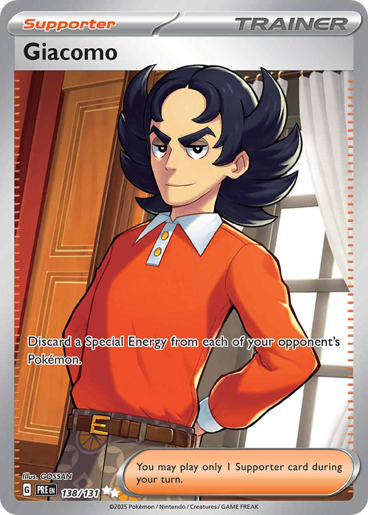 1boy arms_behind_back artist_name belt black_hair brown_belt buttons card_(medium) character_name closed_mouth collared_shirt company_name copyright_name copyright_notice curtains english_text giacomo_(pokemon) gossan indoors long_sleeves male_focus nintendo official_alternate_costume official_art orange_shirt pokemon pokemon_card pokemon_sv pokemon_tcg shirt smile solo spiked_hair team_star third-party_source trading_card window