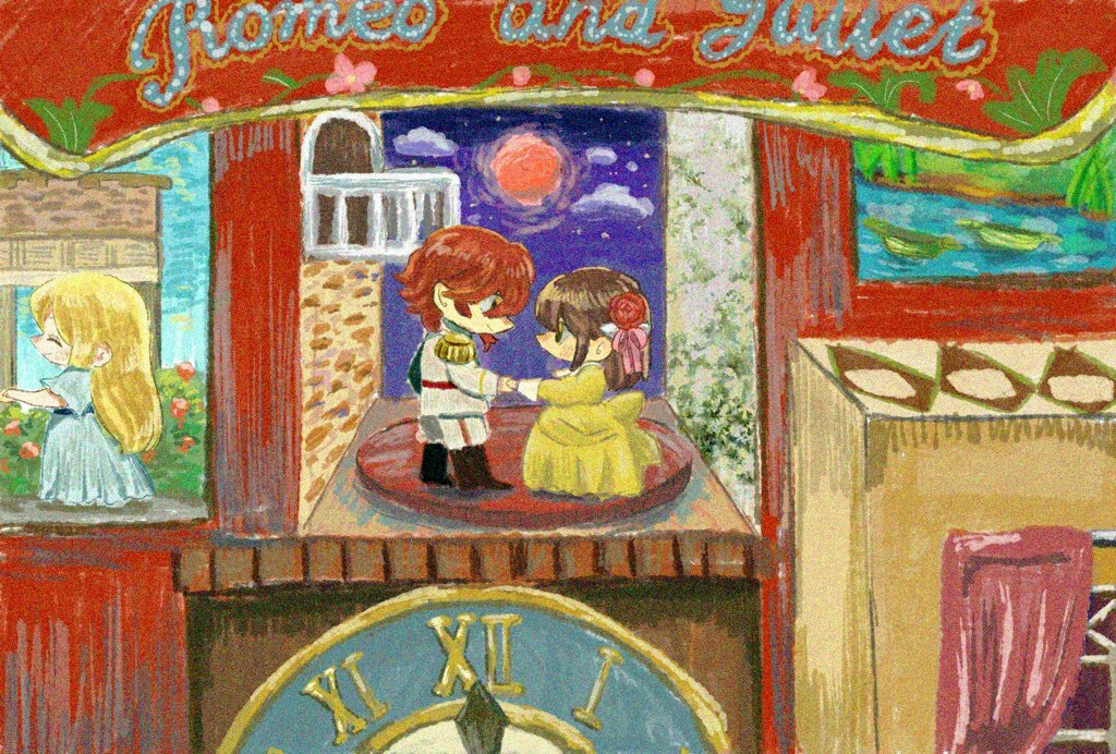 1boy 2girls ayazuki_mei back_bow balcony black_footwear blonde_hair blue_dress blue_sleeves blush_stickers boots bow brown_eyes brown_hair clock cloud commentary_request curtains dress epaulettes eye_contact flower formal_clothes from_side full_moon hair_between_eyes hair_flower hair_ornament hair_ribbon hetero jacket juliet_sleeves knee_boots leaf long_dress long_hair long_sleeves looking_at_another medium_hair meiji_tokyo_renka moon mori_ougai_(meiji_tokyo_renka) multiple_girls pants pink_ribbon puffy_sleeves red_flower red_hair red_moon red_rose ribbon romeo_and_juliet rose short_sleeves sky stage star_(sky) starry_sky sugi_haeru suit very_long_hair white_jacket white_pants white_sleeves white_suit window yellow_bow yellow_dress yellow_sleeves