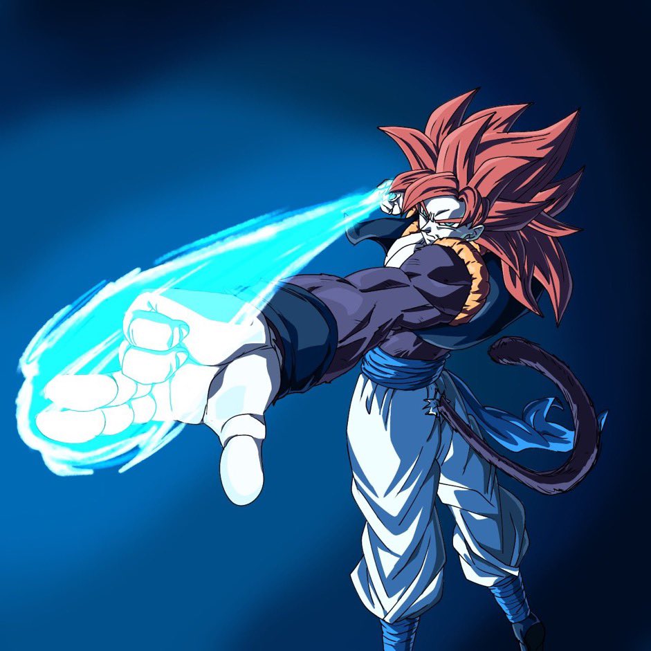 1boy black_vest blue_eyes blue_sash cropped_vest dougi dragon_ball dragon_ball_gt full_body gogeta jujutsu_kaisen kazumax76 male_focus metamoran_vest monkey_tail muscular muscular_male pants sash scene_reference sleeveless solo spiked_hair standing super_saiyan super_saiyan_4 tail vest white_pants