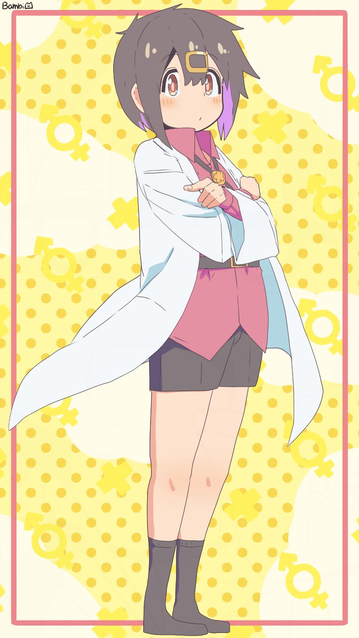 1boy adapted_costume artist_name bambi2000line bare_legs belt black_hair black_shorts black_socks blush bolo_tie border brown_eyes coat colored_inner_hair commentary crossed_arms genderswap genderswap_(ftm) hair_between_eyes hair_ornament hairclip highres lab_coat long_sleeves looking_at_viewer male-female_symbol male_focus multicolored_hair no_shoes onii-chan_wa_oshimai! open_clothes open_coat oyama_mihari polka_dot polka_dot_background purple_hair red_shirt shirt shorts simple_background socks solo standing two-tone_hair untucked_shirt wing_collar yellow_background