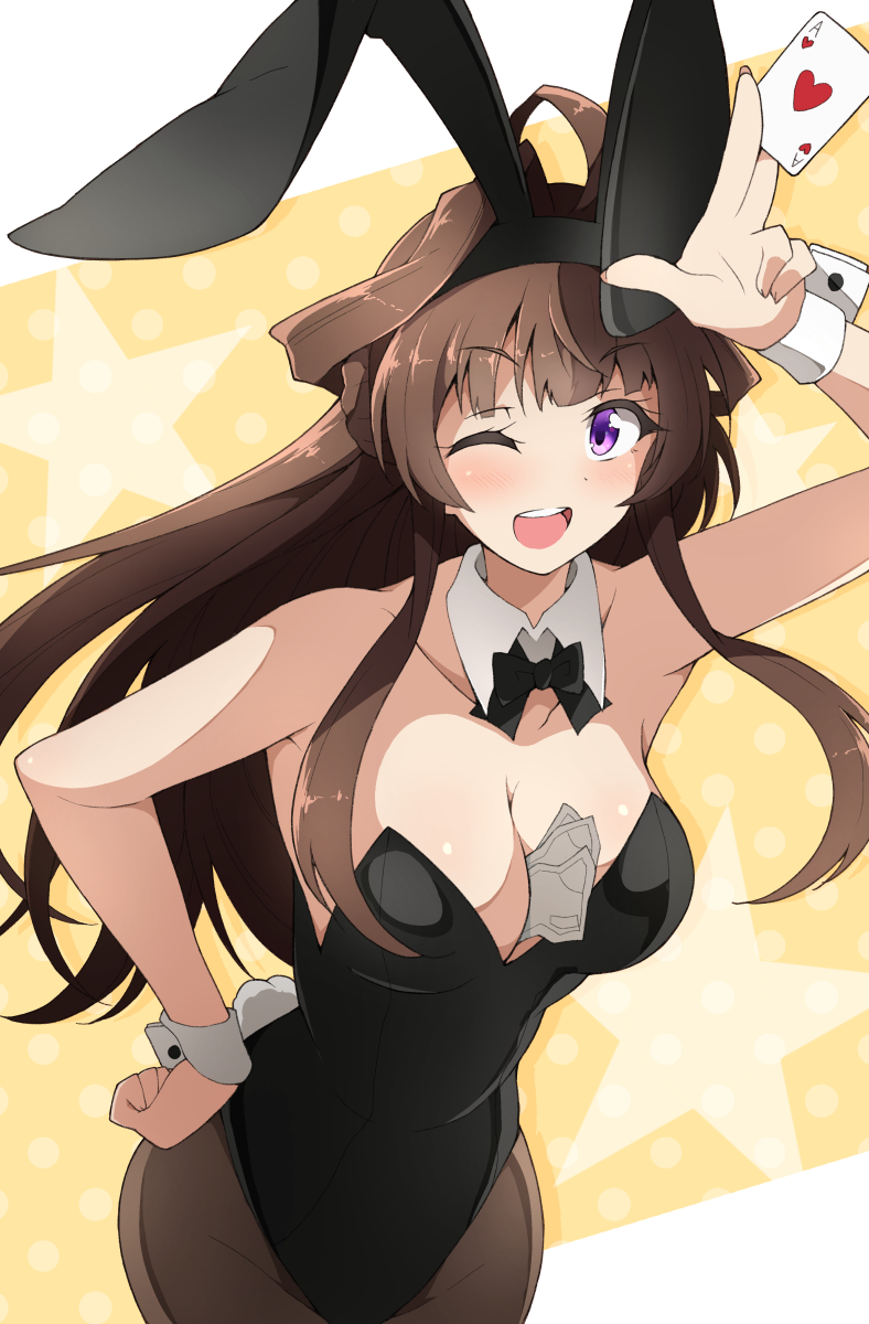 1girl ahoge alternate_costume animal_ears between_breasts black_leotard black_pantyhose breasts brown_hair card cleavage detached_collar double_bun fake_animal_ears fake_tail hair_bun hand_on_own_hip highres holding kantai_collection kongou_(kancolle) large_breasts leotard long_hair money nel-c one_eye_closed open_mouth pantyhose playboy_bunny playing_card purple_eyes rabbit_ears rabbit_tail sidelocks simple_background solo tail w wrist_cuffs