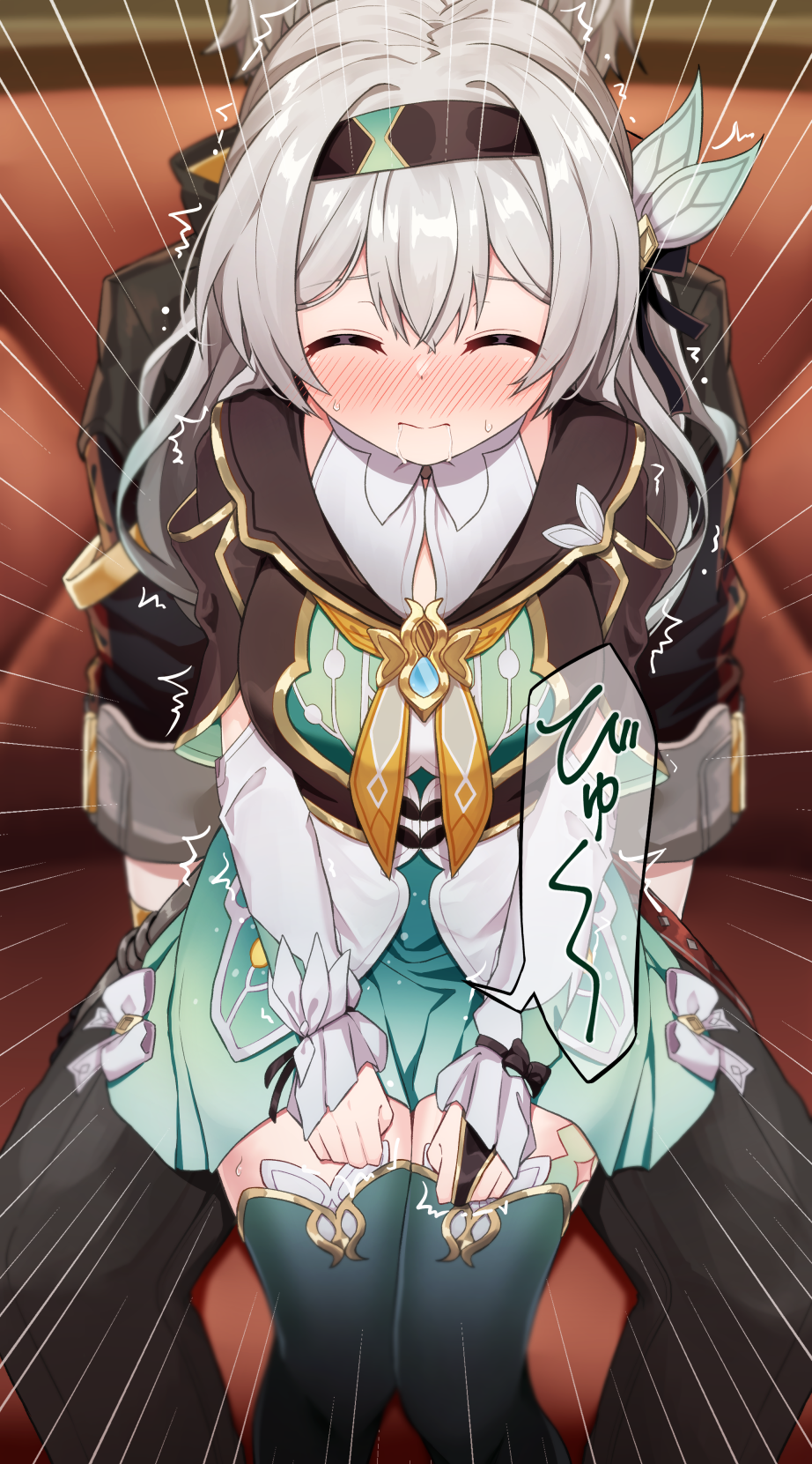 1boy 1girl aqua_skirt aqua_thighhighs black_hairband black_jacket blush bridal_gauntlets caelus_(honkai:_star_rail) closed_eyes commentary_request firefly_(honkai:_star_rail) grey_hair hair_intakes hair_ornament hairband highres honkai:_star_rail honkai_(series) implied_sex jacket nenosame open_mouth single_bridal_gauntlet sitting sitting_on_person skirt sweat thighhighs trailblazer_(honkai:_star_rail) trembling
