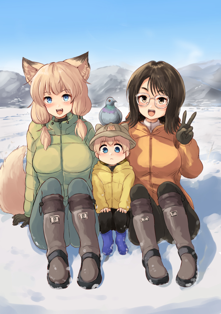 1boy 2girls animal_ear_fluff animal_ear_headwear animal_ears batta_(kanzume_quality) bird black_hair blonde_hair blue_eyes blue_sky blush child coat commentary_request facing_viewer fake_animal_ears fangs fox_ears fox_girl fox_son_(batta_(kanzume_quality)) fox_wife_(batta_(kanzume_quality)) glasses hat kitsune_no_oyome-chan looking_at_viewer mountainous_horizon multiple_girls open_mouth paid_reward_available pigeon sitting sky snow snow_boots v winter winter_clothes winter_coat