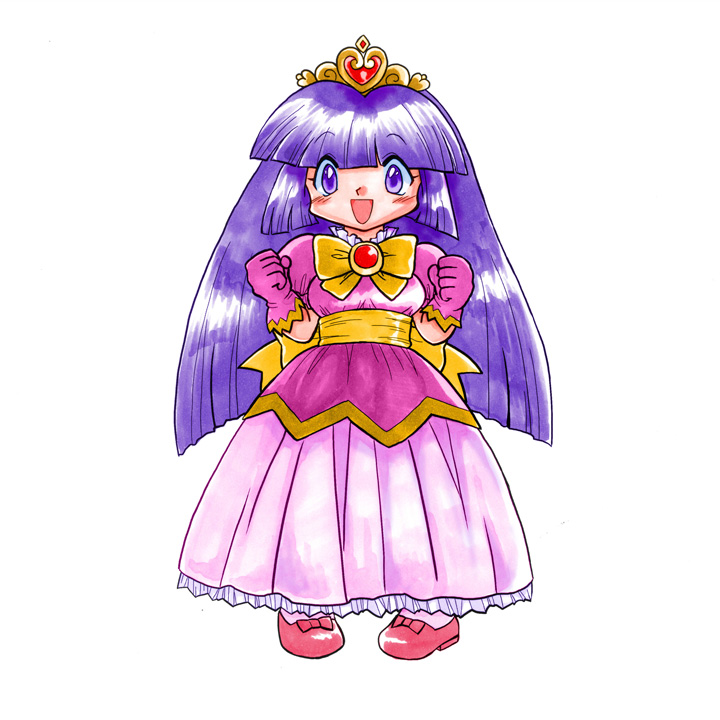 1girl ancient_(developer) breasts dress eyebrows gloves gotta_protectors gyonteitei heart heart_pattern long_hair minna_de_mamotte_knight official_art open_mouth pink_dress princess_lola purple_eyes purple_hair simple_background smile solo tiara
