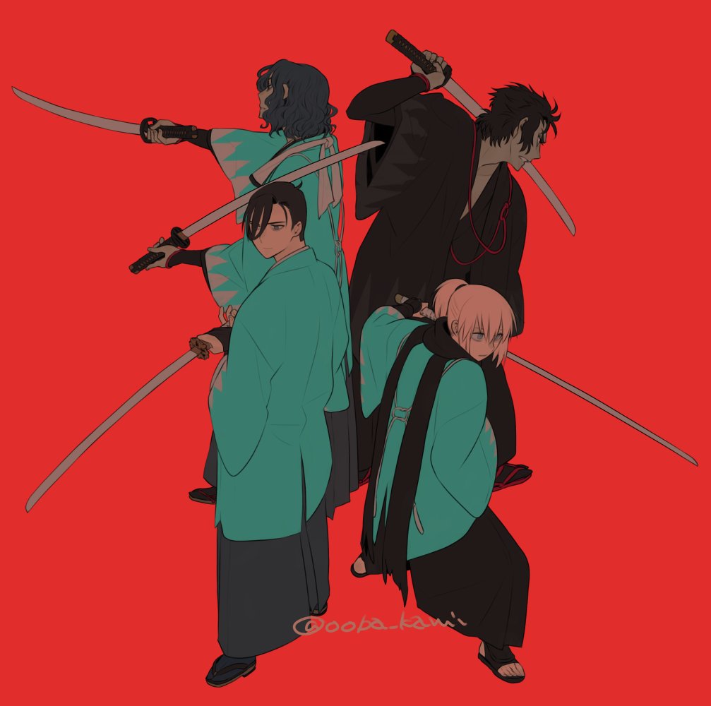 1girl 3boys back-to-back blue_haori commentary_request fate_(series) haori hijikata_toshizou_(fate) holding holding_sword holding_weapon japanese_clothes katana kimono multiple_boys okita_souji_(fate) ooba red_background saitou_hajime_(fate) saitou_hajime_(third_ascension)_(fate) shinsengumi_(fate) sword twitter_username weapon yamanami_keisuke_(fate)