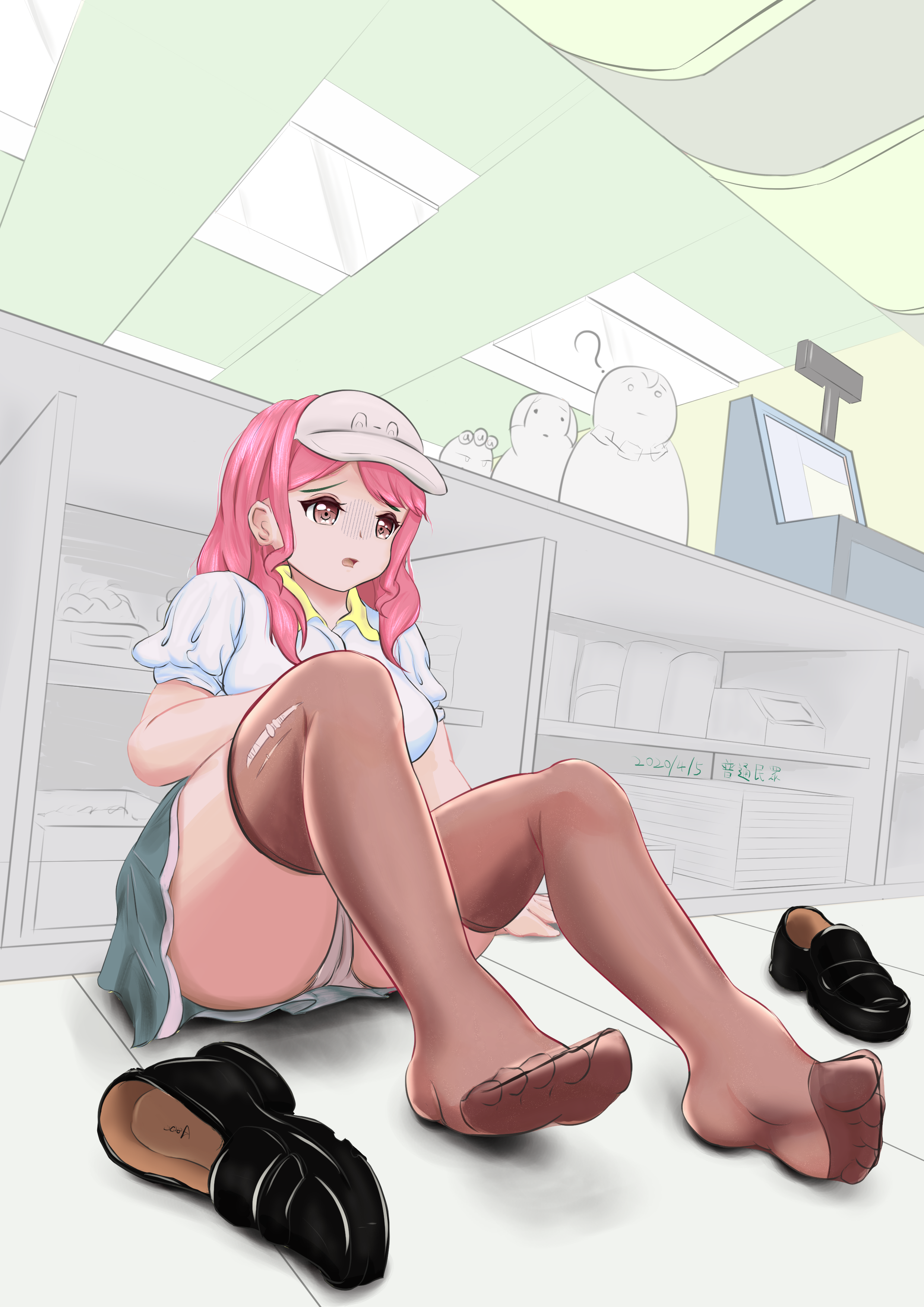 1girl absurdres bang_dream! blush counter feet highres loafers long_hair maruyama_aya open_mouth panties pantyshot pink_eyes pink_hair see-through_clothes see-through_legwear shoes siliao_ji_(rbmsites) soles thighhighs toes underwear unworn_shoes visor_cap