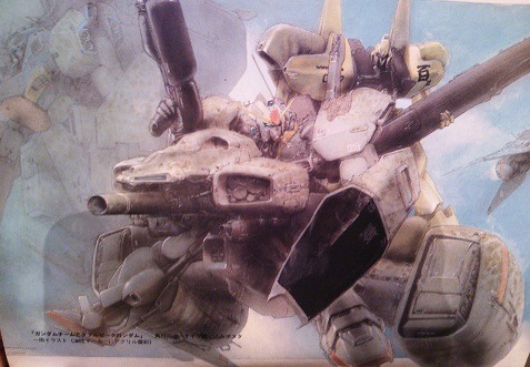 1980s_(style) beam_rifle commentary energy_gun english_commentary gundam gundam_mk_ii gundam_team gundam_zz hyaku_shiki kobayashi_makoto_(illustrator) legend_of_gundam lowres mecha mecha_focus no_humans oldschool painting_(medium) retro_artstyle riding robot scan science_fiction shield traditional_media translation_request weapon zeta_gundam